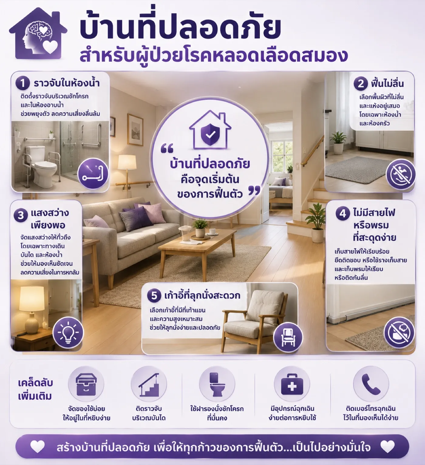 จัดบ้านให้ปลอดภัยสำหรับผู้ป่วยโรคหลอดเลือดสมอง ติดราวจับ เก็บสายไฟ